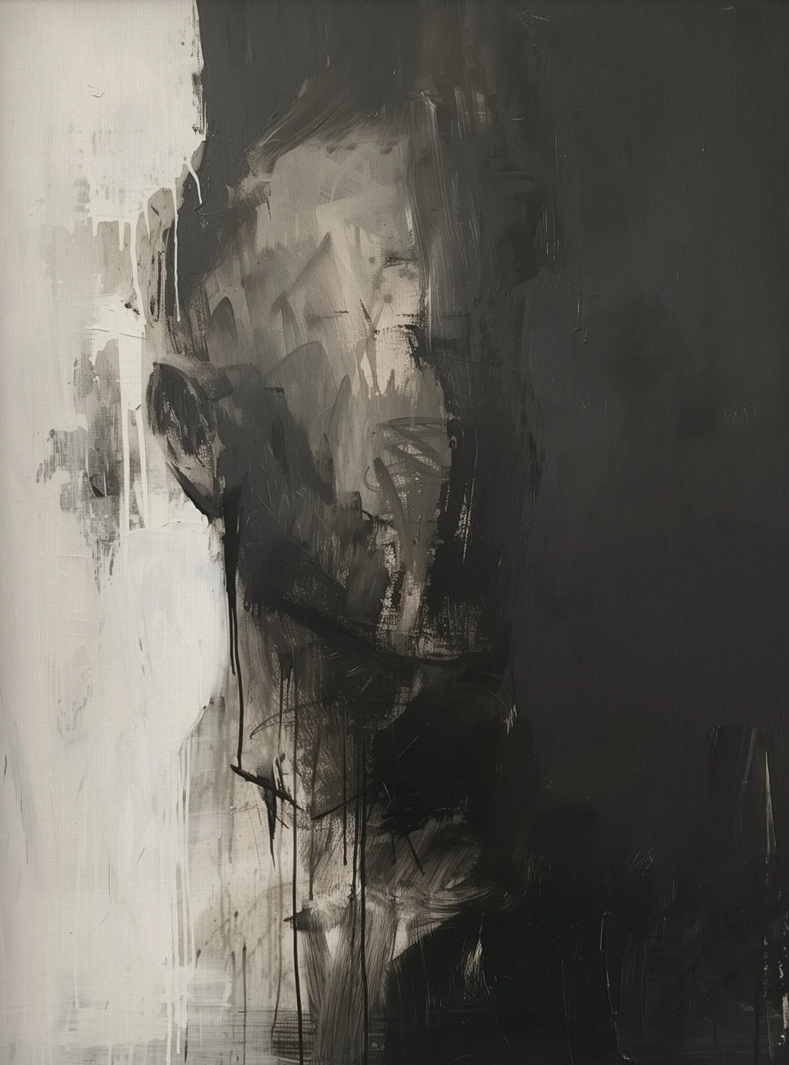 Abstract black and white painting with textured brushstrokes