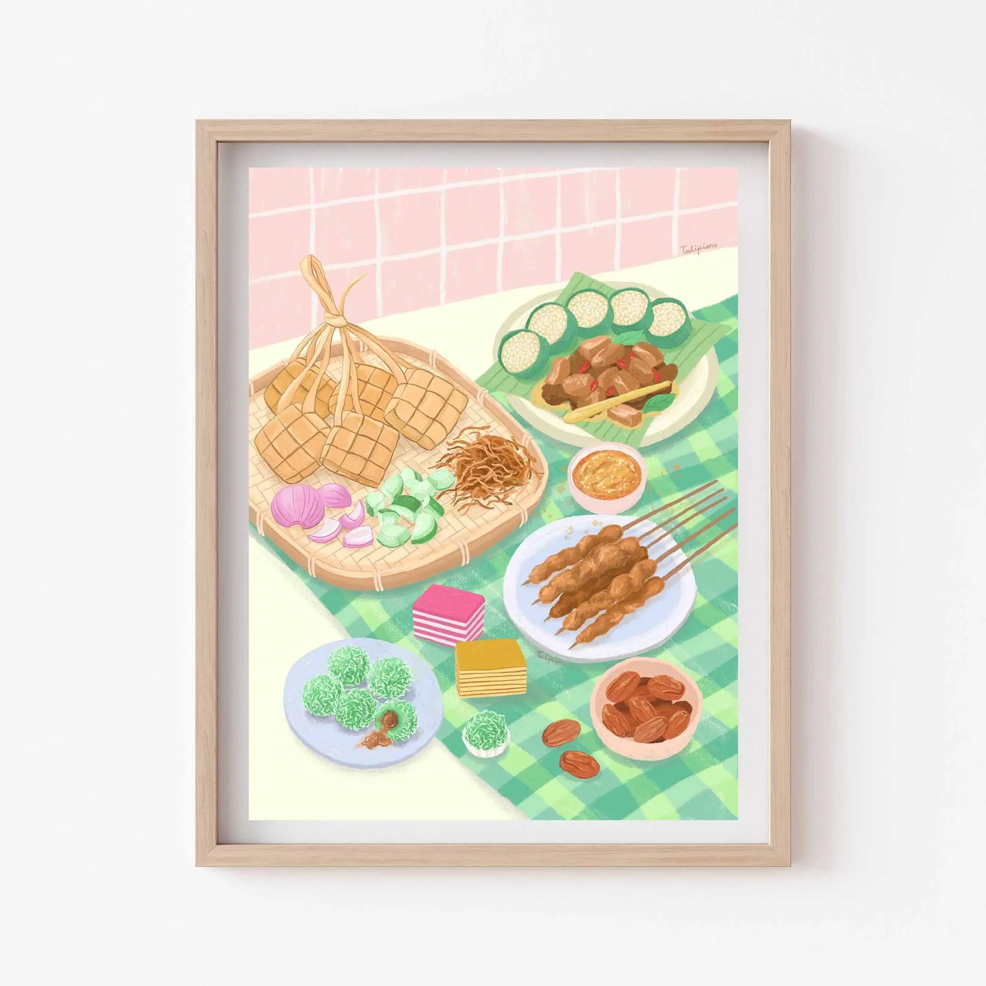 Framed illustration of a table with various dishes on a checkered tablecloth.