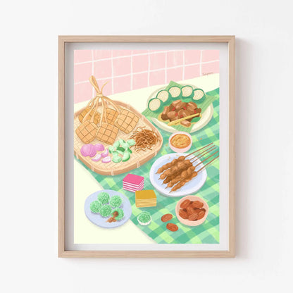 Framed illustration of a table with various dishes on a checkered tablecloth.