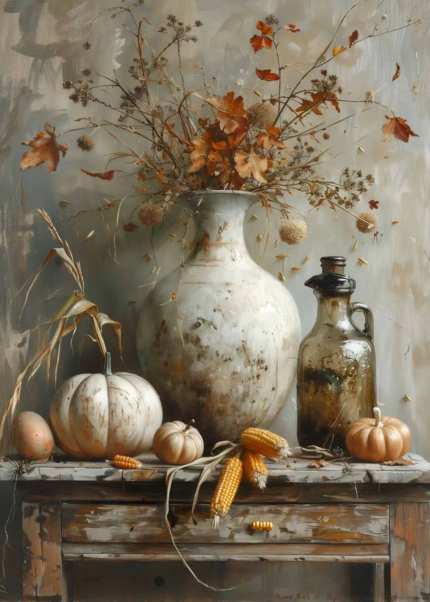 Autumn still life with a vase, pumpkins, and corn on a wooden table.
