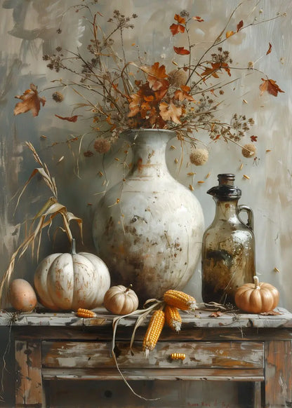 Autumn still life with a vase, pumpkins, and corn on a wooden table.