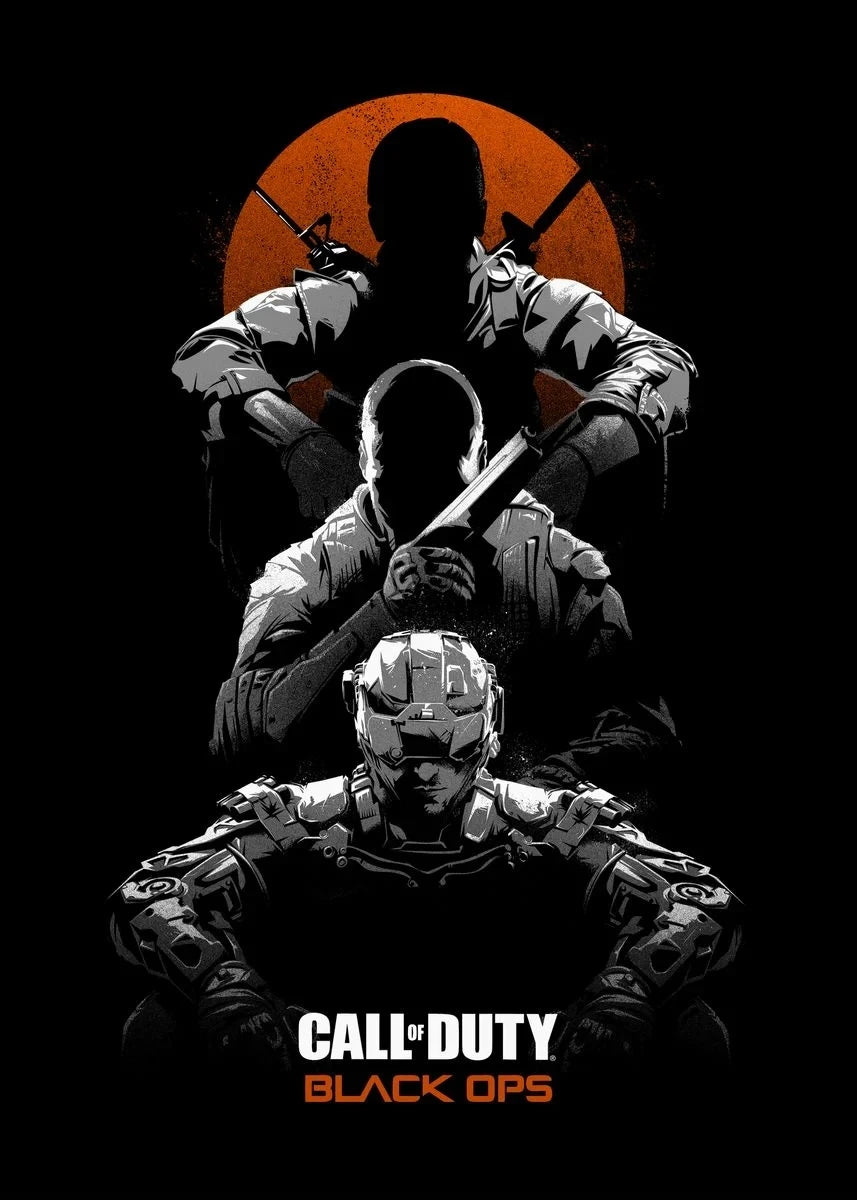 Promotional graphic for 'Call of Duty: Black Ops' with soldiers and a red circle on a black background.