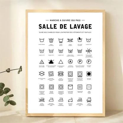Framed poster with laundry symbols on a beige wall