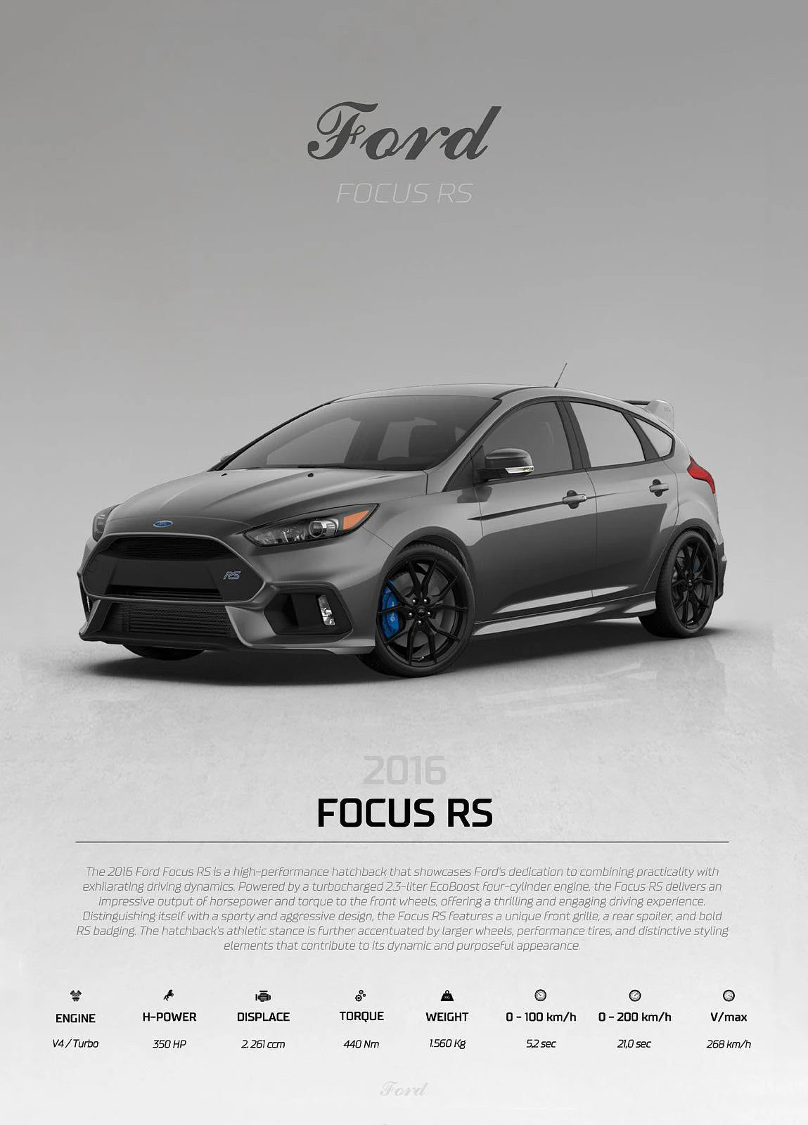 Gray Ford Focus RS car on a gray background with brand name at the top.
