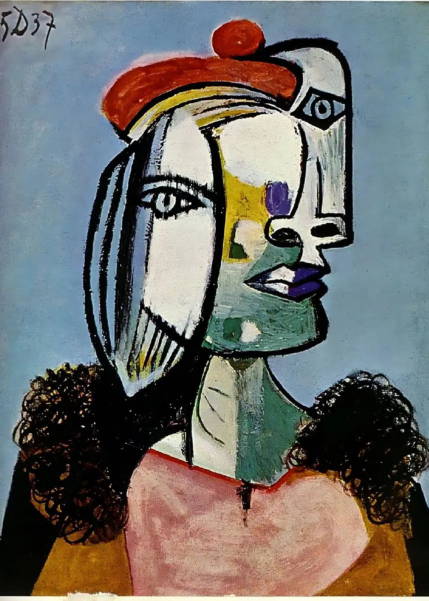 Abstract artwork with a stylized face and colorful design on a blue background