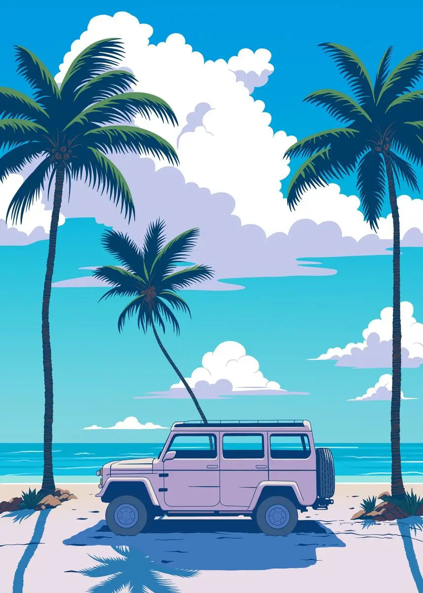 Illustration of a beach scene with a pink SUV, palm trees, and blue sky.