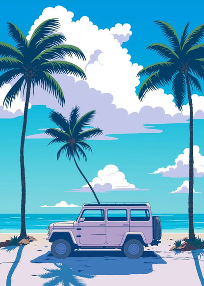Illustration of a beach scene with a pink SUV, palm trees, and blue sky.