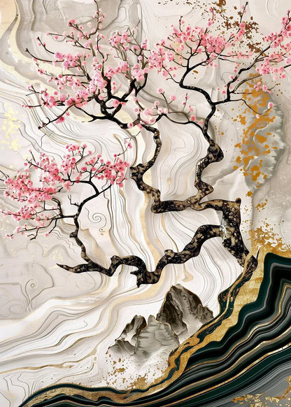 Decorative wall art with cherry blossom branches on a marble-like background