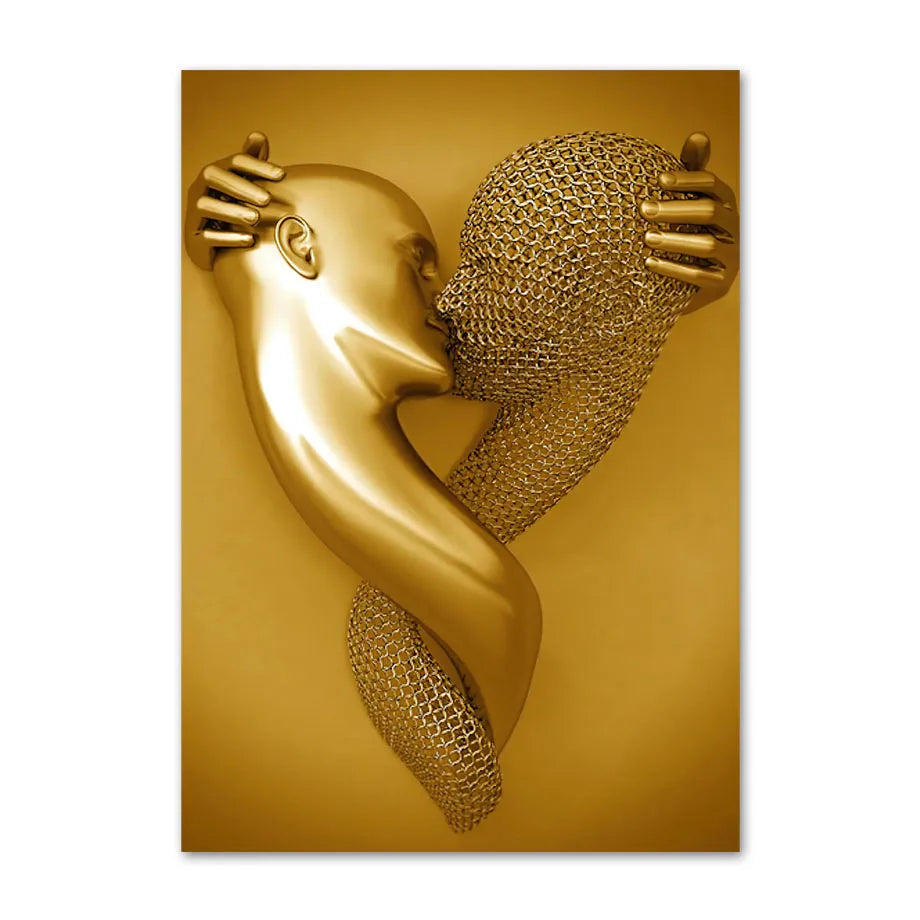 Decorative wall art of two abstract figures embracing on a gold background