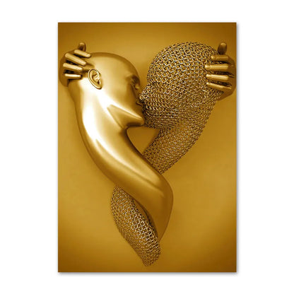 Decorative wall art of two abstract figures embracing on a gold background