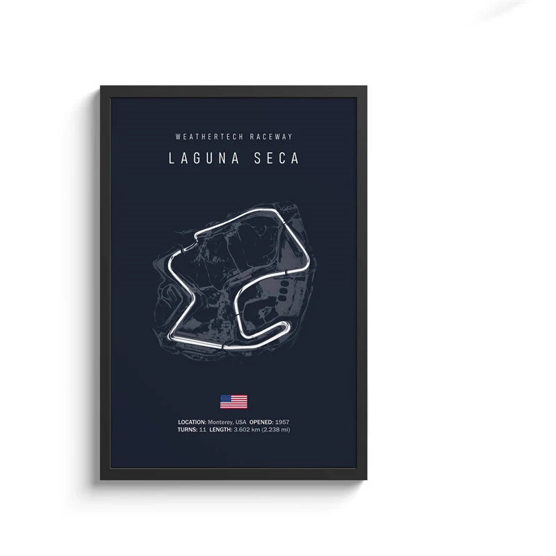 Framed poster of Weathertech Raceway Laguna Seca with track layout and details.