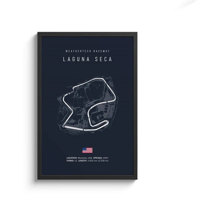 Framed poster of Weathertech Raceway Laguna Seca with track layout and details.