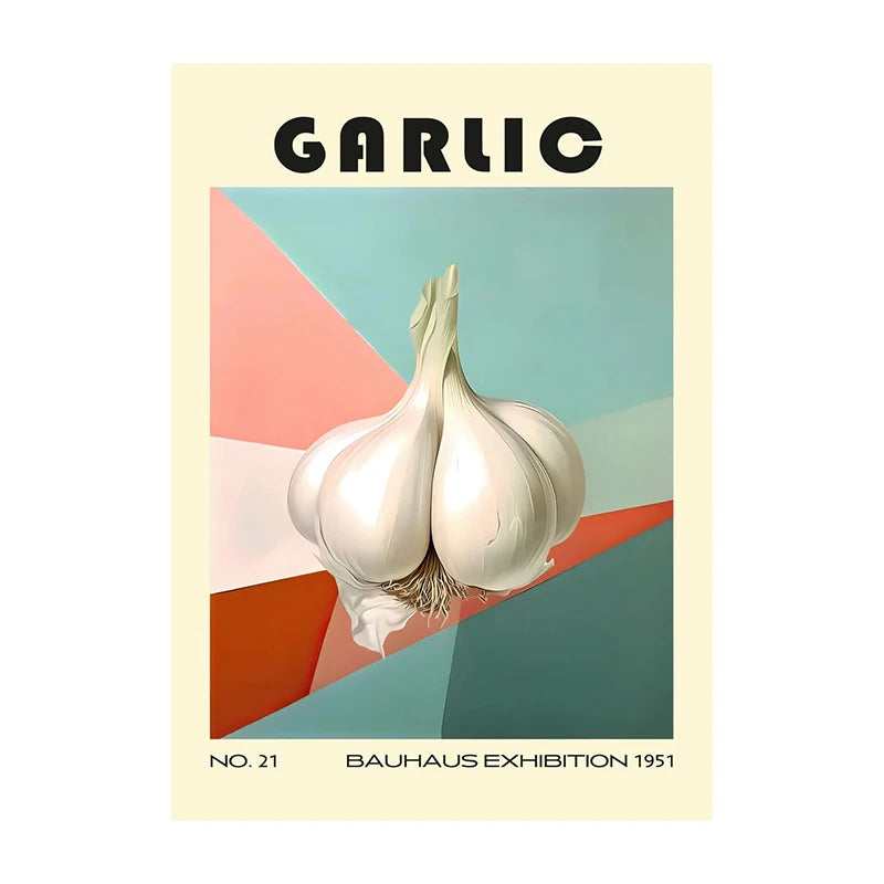 Poster of garlic with geometric shapes and Bauhaus exhibition text