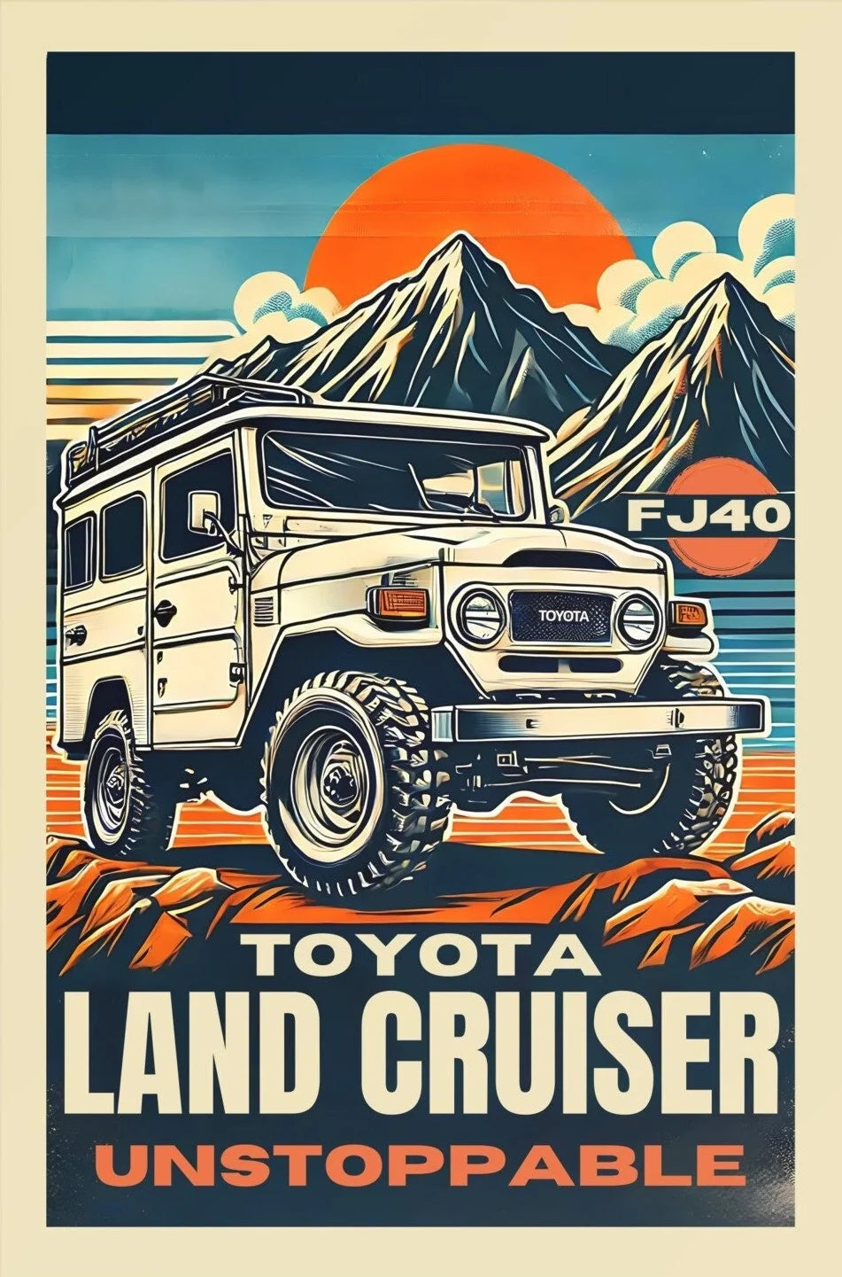 Toyota Land Cruiser FJ40 illustration with mountains and sunset in the background