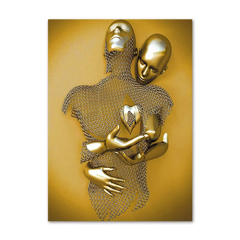 Gold abstract sculpture of two embracing figures on a gold background