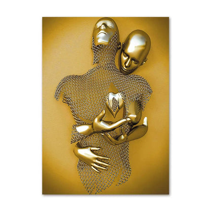 Gold abstract sculpture of two embracing figures on a gold background