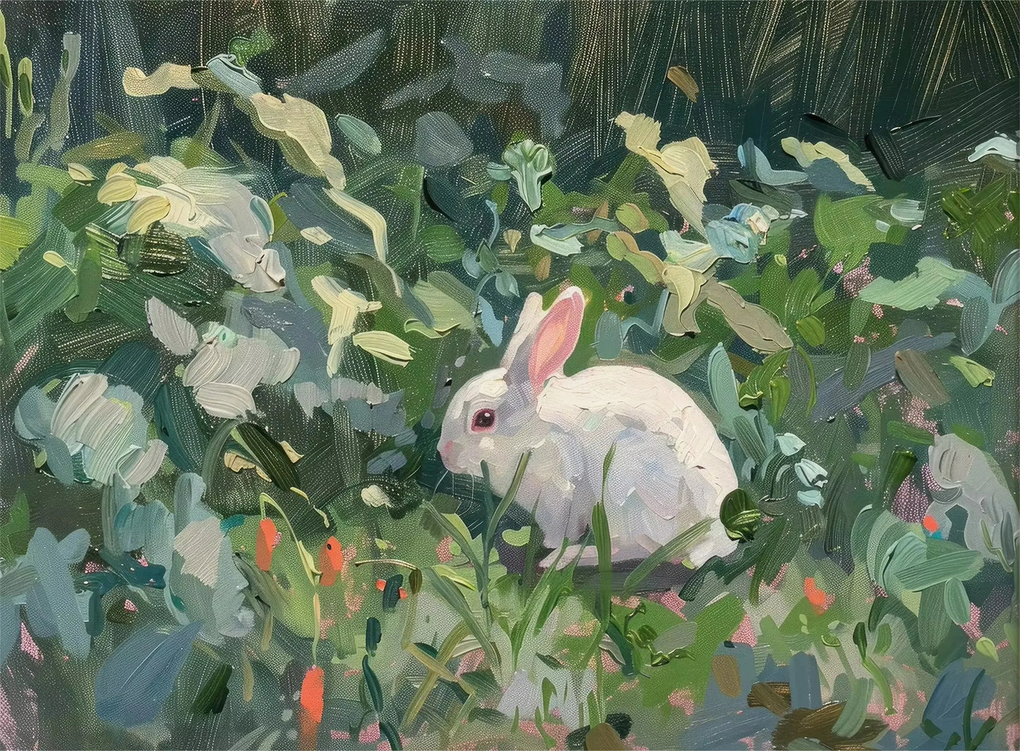 White rabbit in a grassy field with flowers