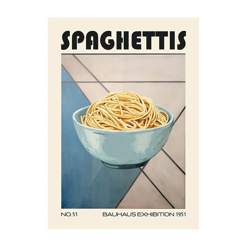 Poster of a bowl of spaghetti with 'Spaghettis' text and Bauhaus Exhibition 1951 branding.