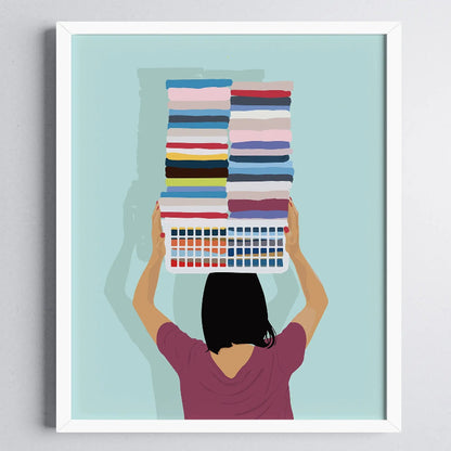 Illustration of a person holding a stack of colorful books against a light blue background