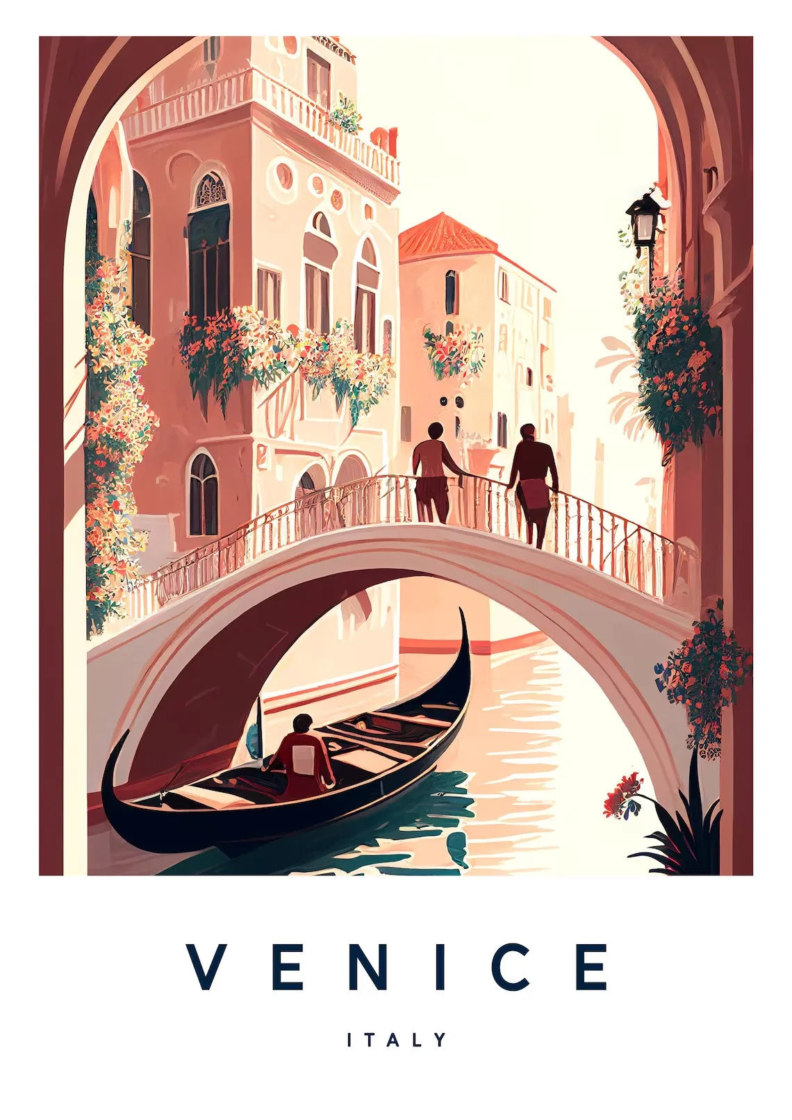 Illustration of a canal scene in Venice with a gondola and people on a bridge.
