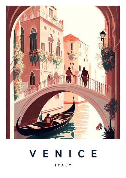 Illustration of a canal scene in Venice with a gondola and people on a bridge.