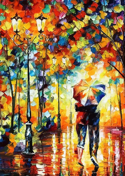 Colorful painting of a couple under an umbrella in a park with street lamps and trees.