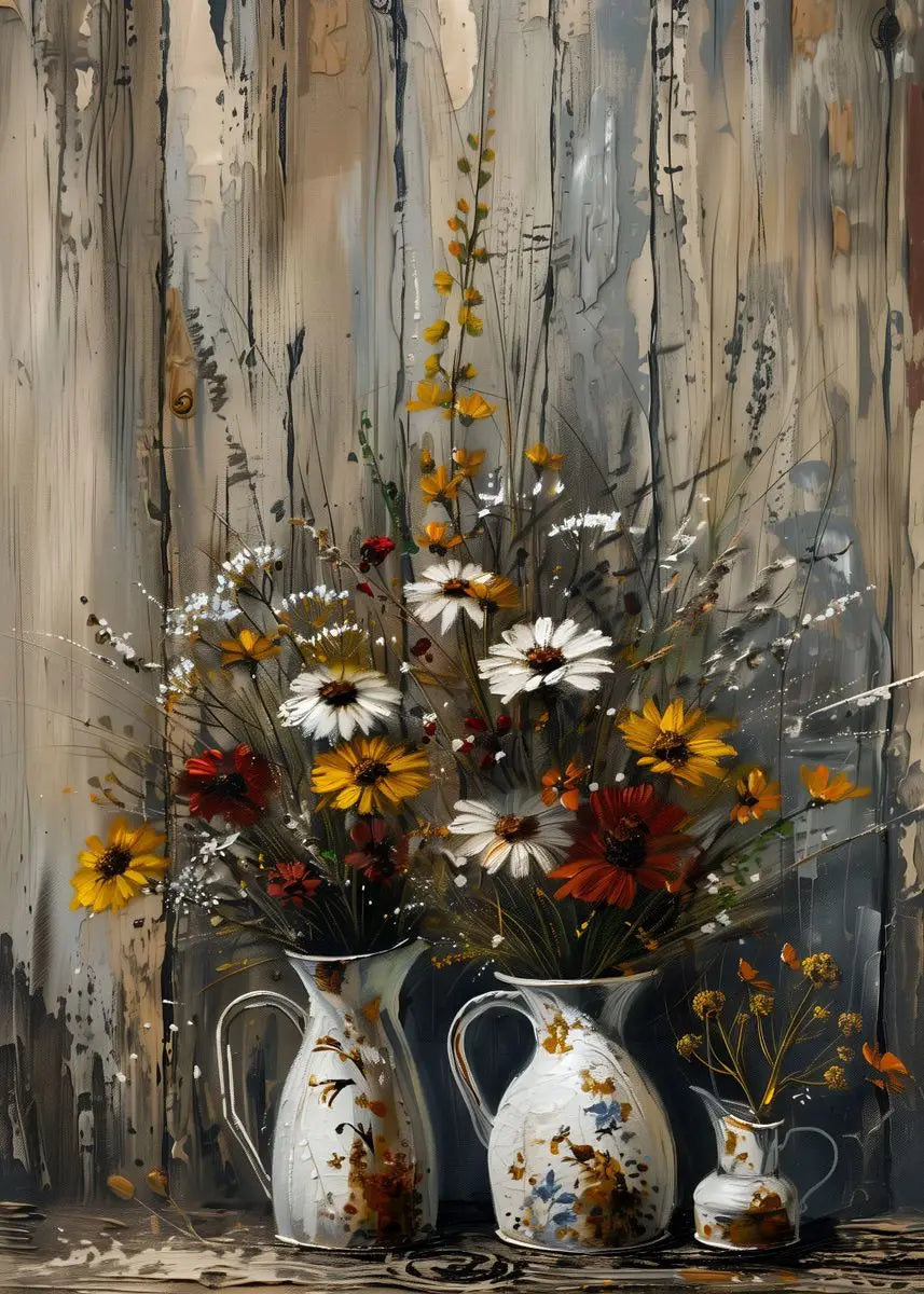 Artistic depiction of flowers in vases against a textured wall.