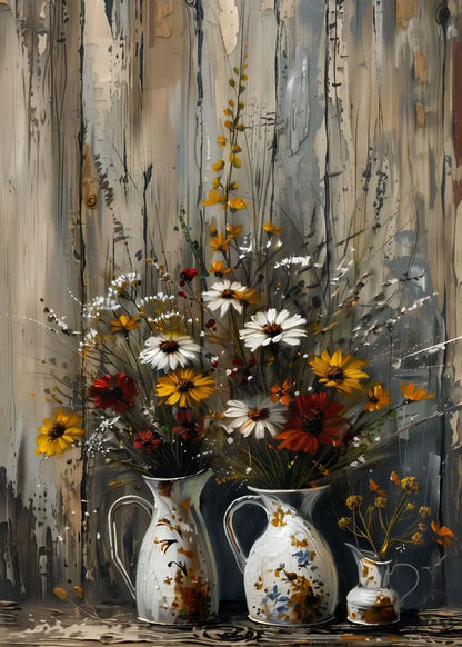 Artistic depiction of flowers in vases against a textured wall.