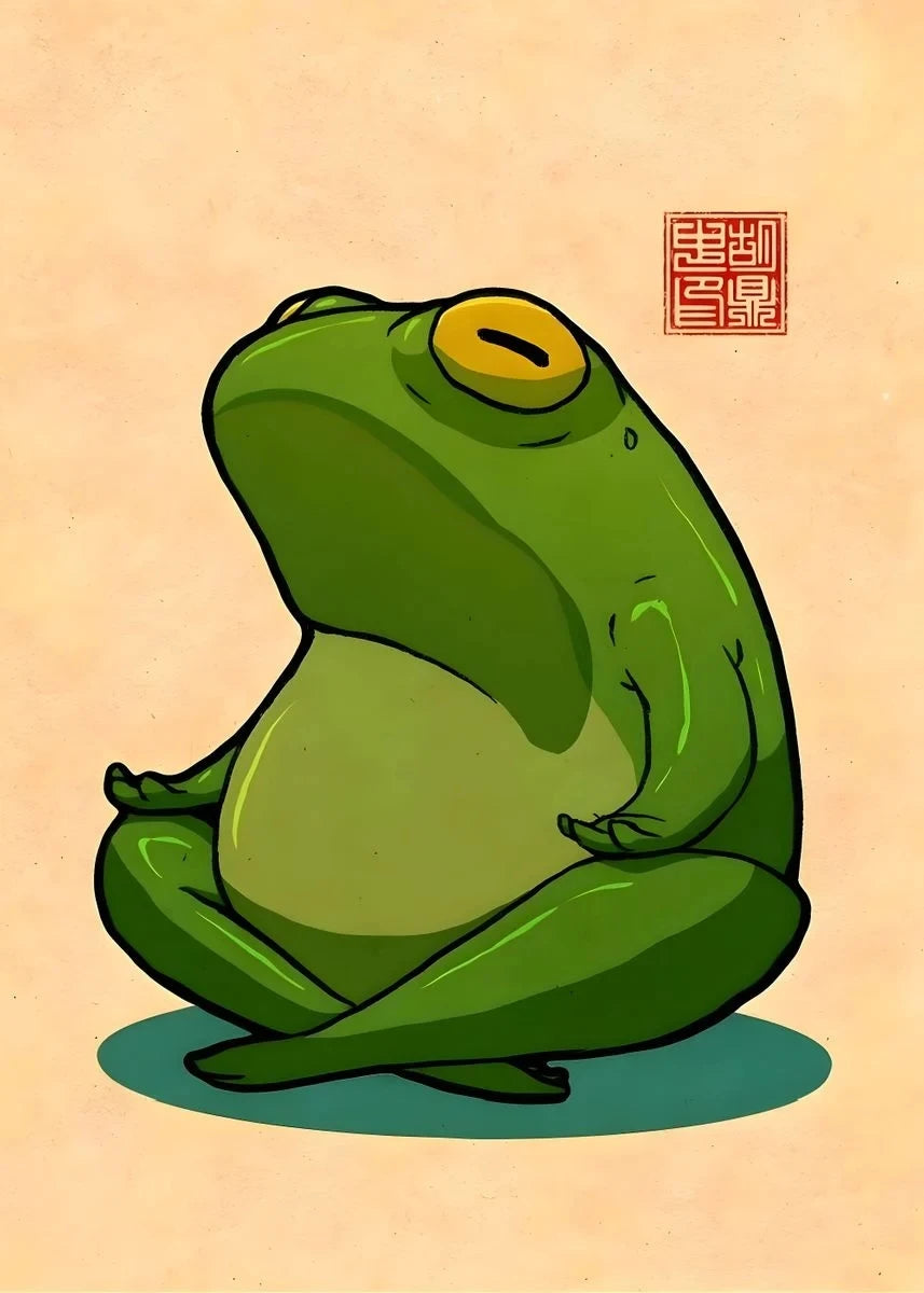 Illustration of a green frog meditating on a beige background