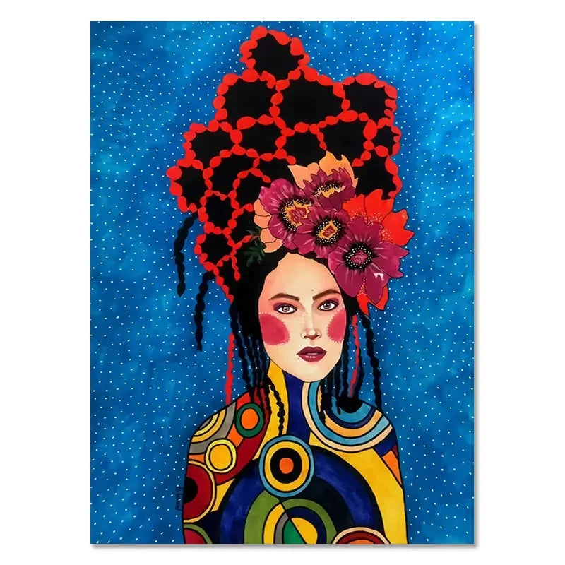 Colorful artwork of a woman with a floral headdress against a blue background