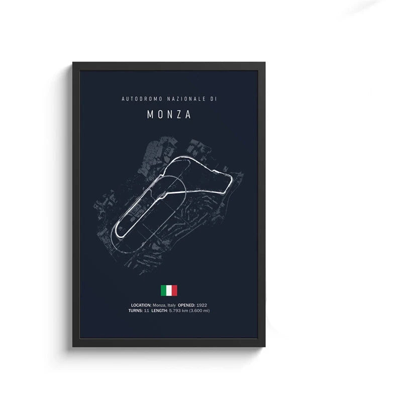 Framed poster of Autodromo Nazionale di Monza track layout on a dark blue background