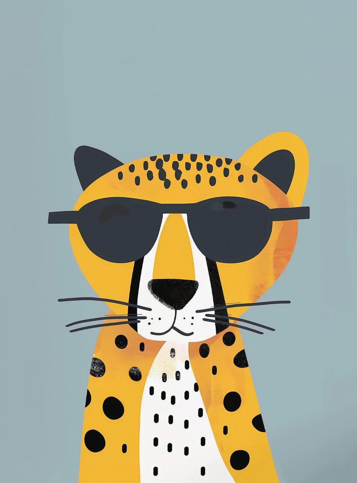 Illustration of a leopard wearing sunglasses on a light blue background