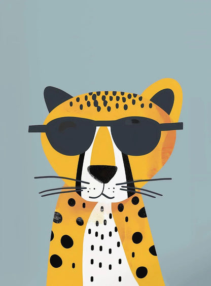 Illustration of a leopard wearing sunglasses on a light blue background
