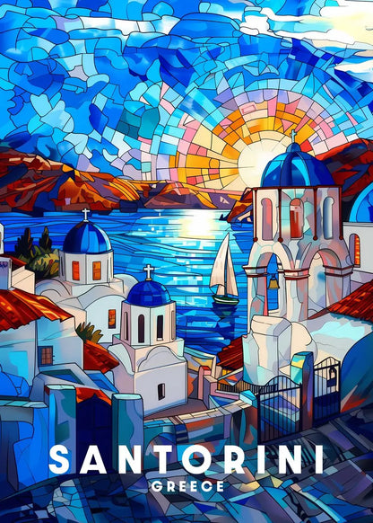 Colorful illustration of Santorini, Greece with blue domed churches and a sunset.