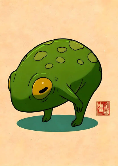 Illustration of a green creature with a yellow eye on a beige background