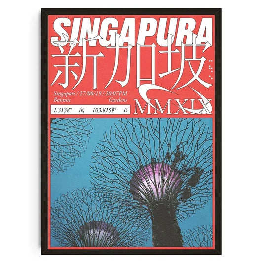 Poster with 'SINGAPURA' text and botanical design on a red and blue background Canvas & Curio
