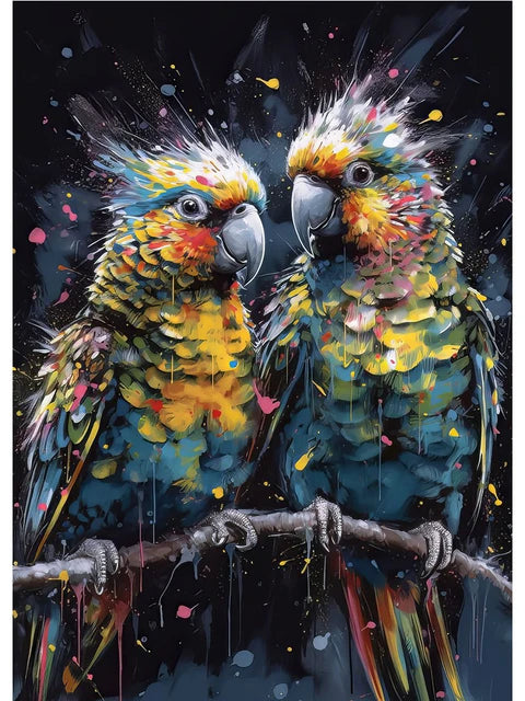 Colorful parrots on a branch against a dark background