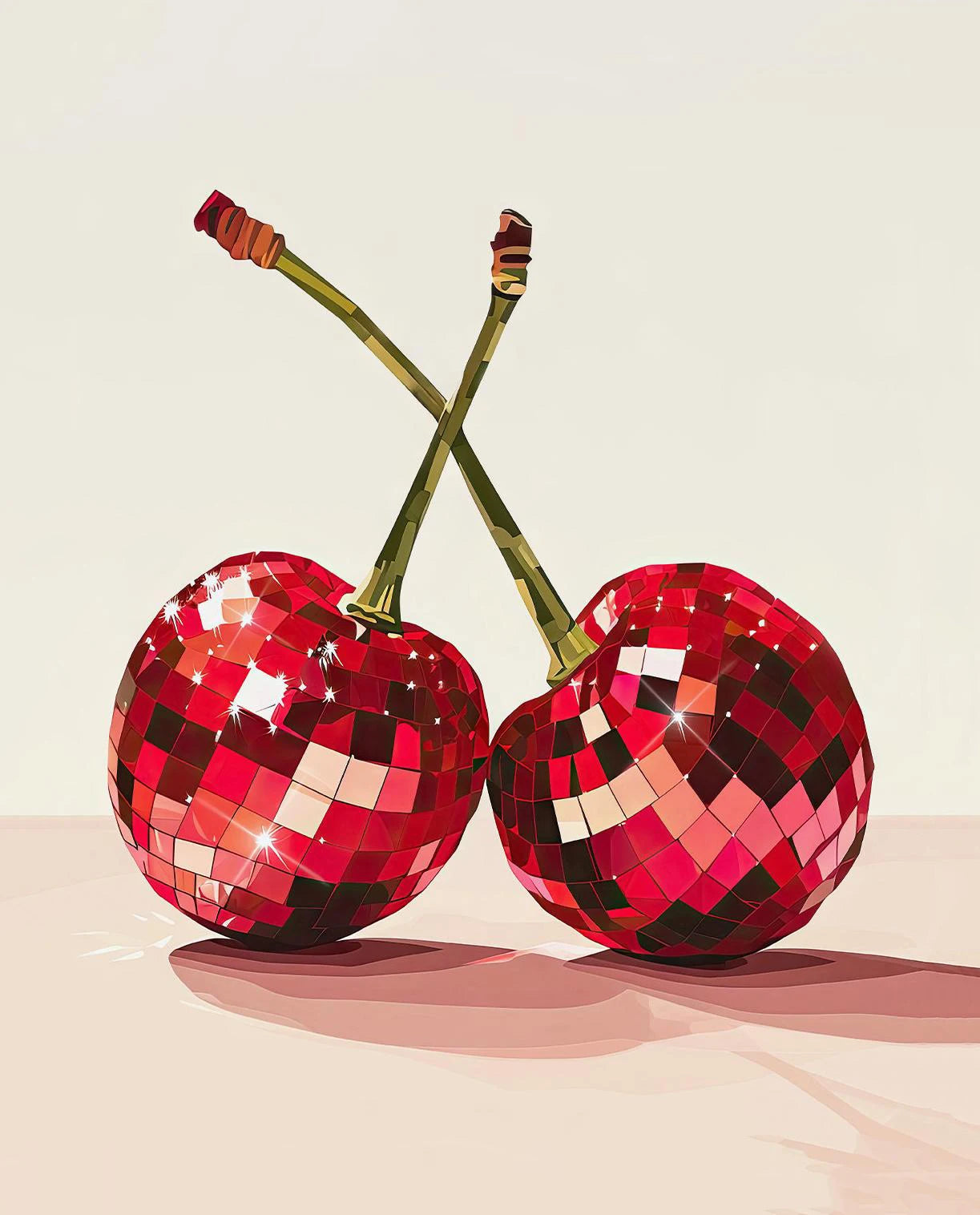 Two disco ball cherries on a beige background