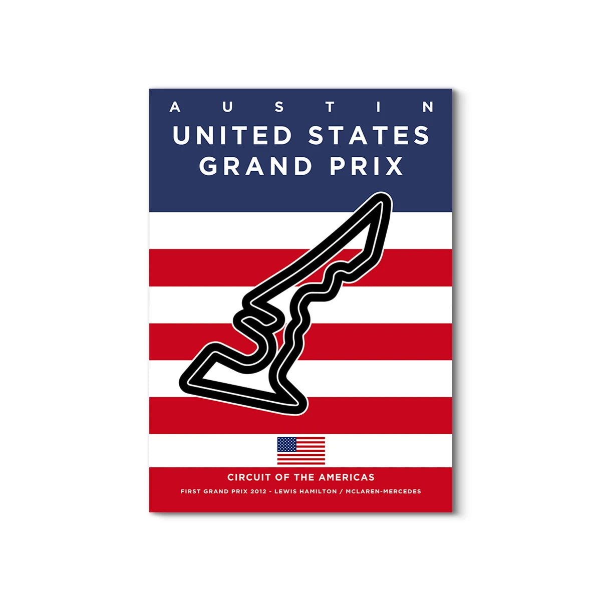 Poster of Austin United States Grand Prix with track layout and American flag design.