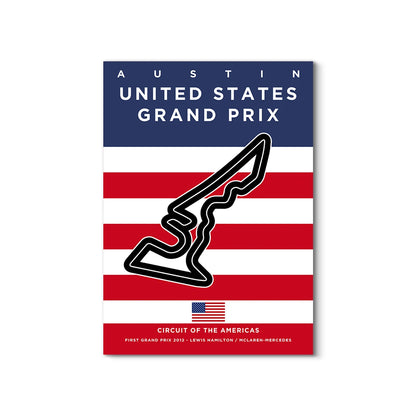 Poster of Austin United States Grand Prix with track layout and American flag design.