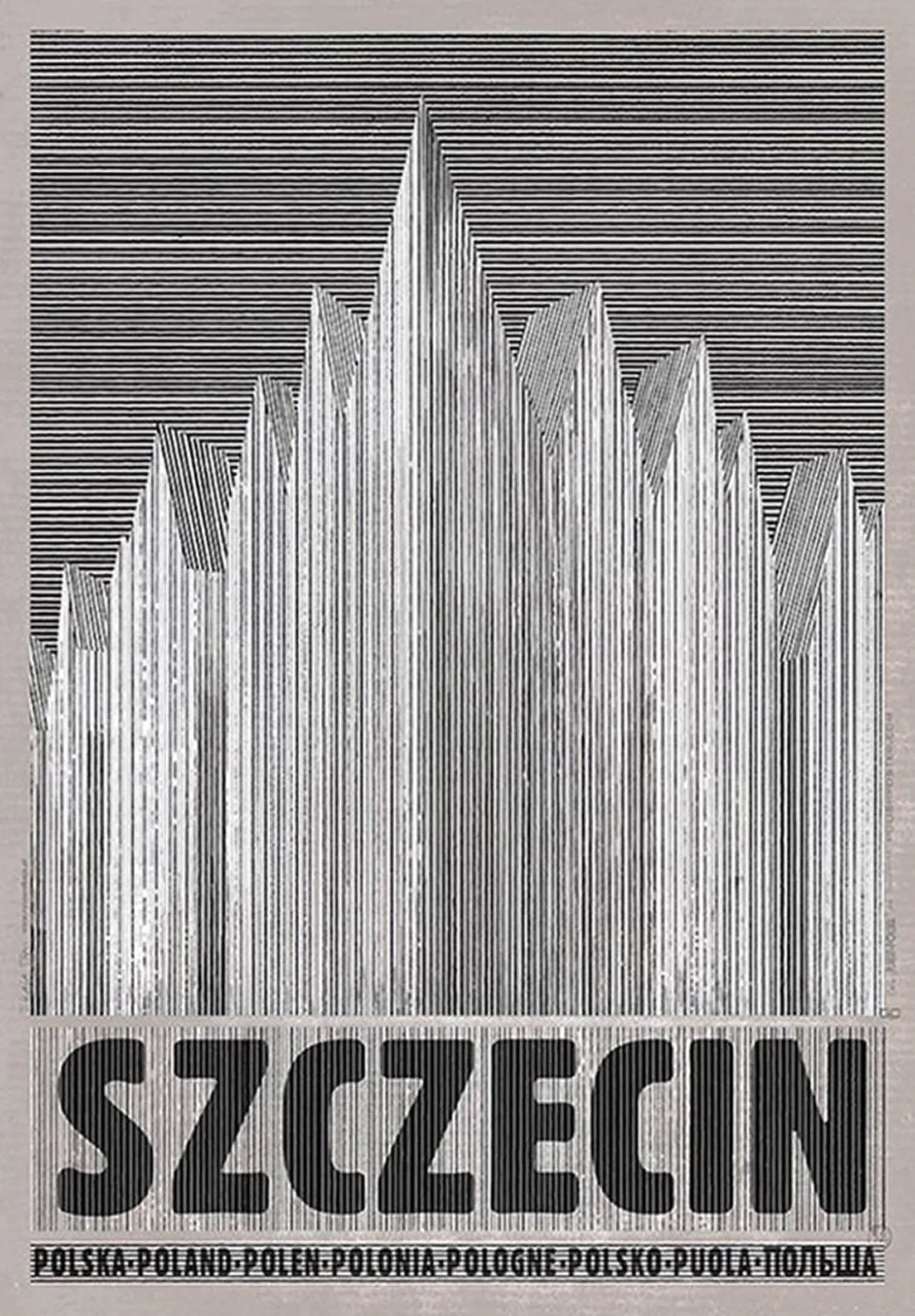 Artistic depiction of a cityscape with the word 'Szczecin' at the bottom.