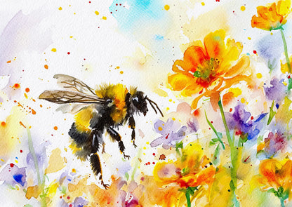 Watercolor painting of a bee and flowers with a colorful background