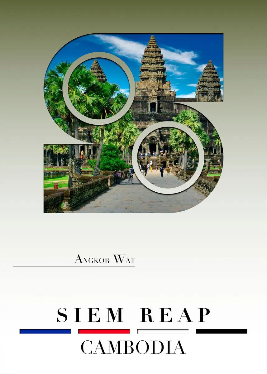 Promotional poster for Angkor Wat in Siem Reap, Cambodia with scenic views and text.