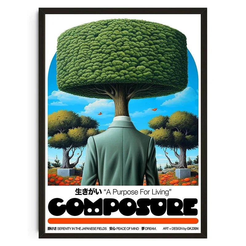 Poster with a stylized tree in a suit against a blue sky with trees, featuring the text 'COMPOSURE'.