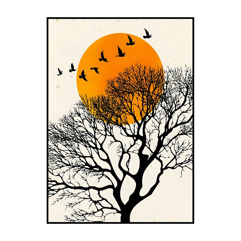 Art print of a tree with bare branches and an orange sun in the background.