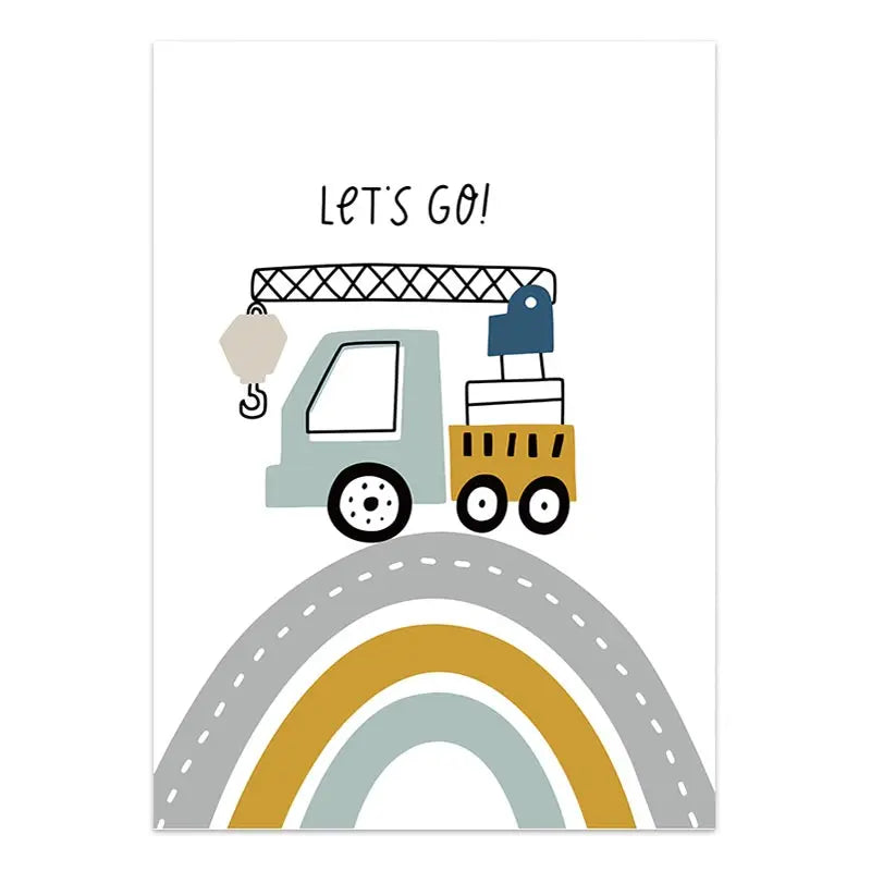 Children's poster with a crane, truck, and rainbow on a white background
