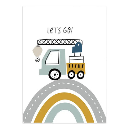 Children's poster with a crane, truck, and rainbow on a white background