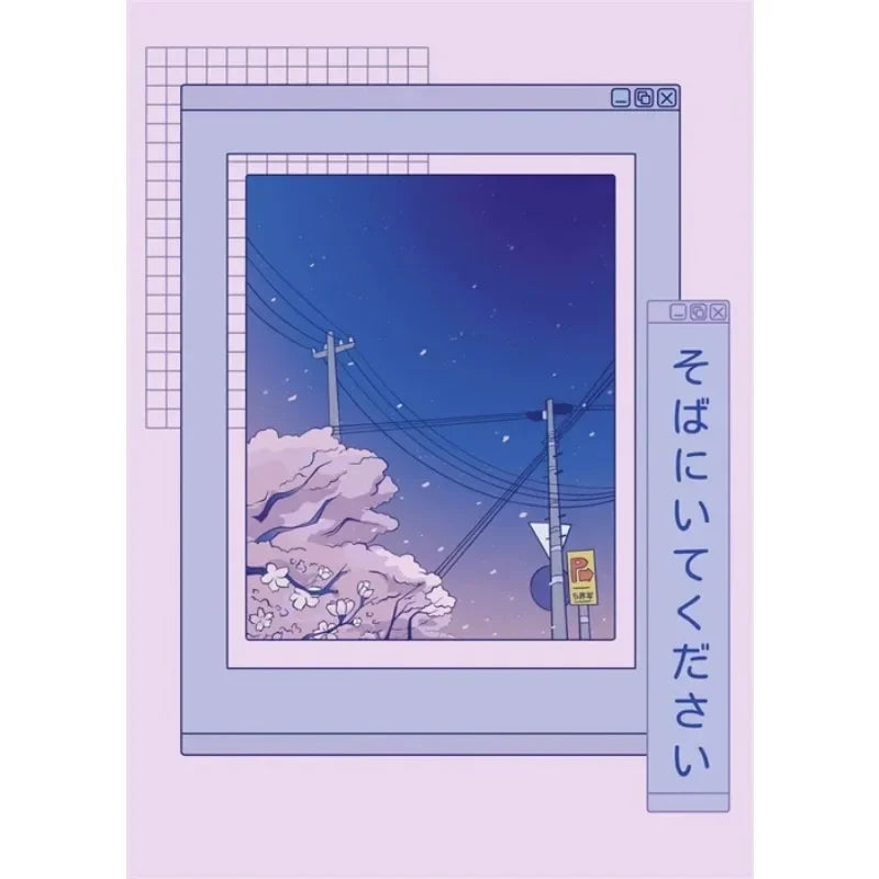 Cartoon-style window with a view of a snowy landscape and power lines, on a light purple background.