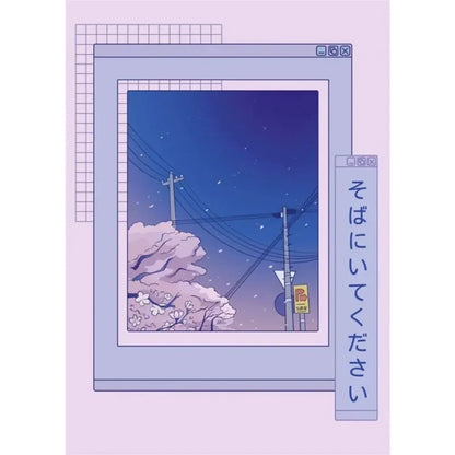 Cartoon-style window with a view of a snowy landscape and power lines, on a light purple background.