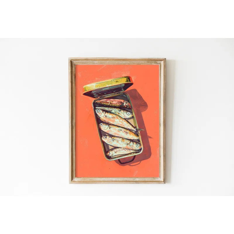 Framed artwork of a can of sardines on an orange background
